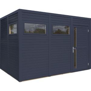 Modernes, anthrazitfarbenes Bertilo Holz-Gartenhaus Cubus mit Fenster und Tür.