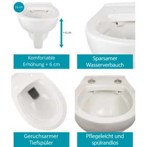 Calmwaters Wand-WC Set, erhöht, spülrandlos, mit WC-Sitz in Weiß. Details zu Erhöhung, Spülung und Reinigung.
