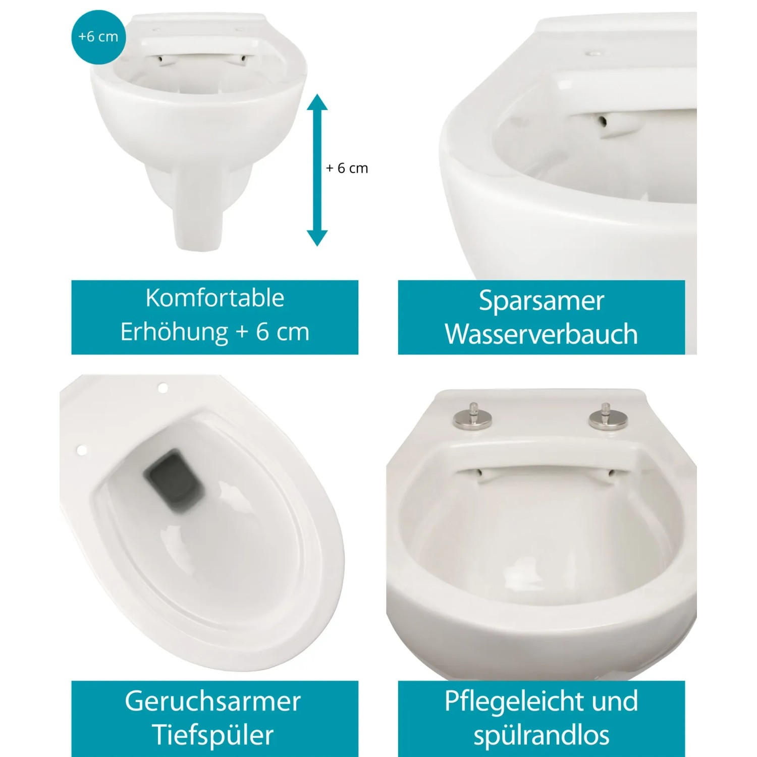 Calmwaters Wand-WC Set, erhöht, spülrandlos, mit WC-Sitz in Weiß. Details zu Erhöhung, Spülung und Reinigung.
