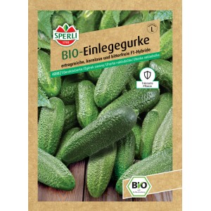 Samenpackung Sperli Bio Einlegegurke F1-Hybride mit knackigen, grünen Gurken.
