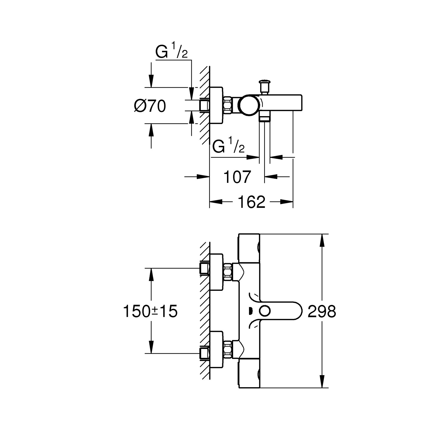 Technische Zeichnung: Grohe QuickFix Precision Get Thermostat-Wannenbatterie DN 15 mit Maßangaben.