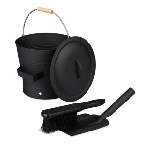 Relaxdays Ascheeimer mit Deckel und Kehrset Eisen Schwarz 26 cm x 32 cm x 33 cm 1,2 kg