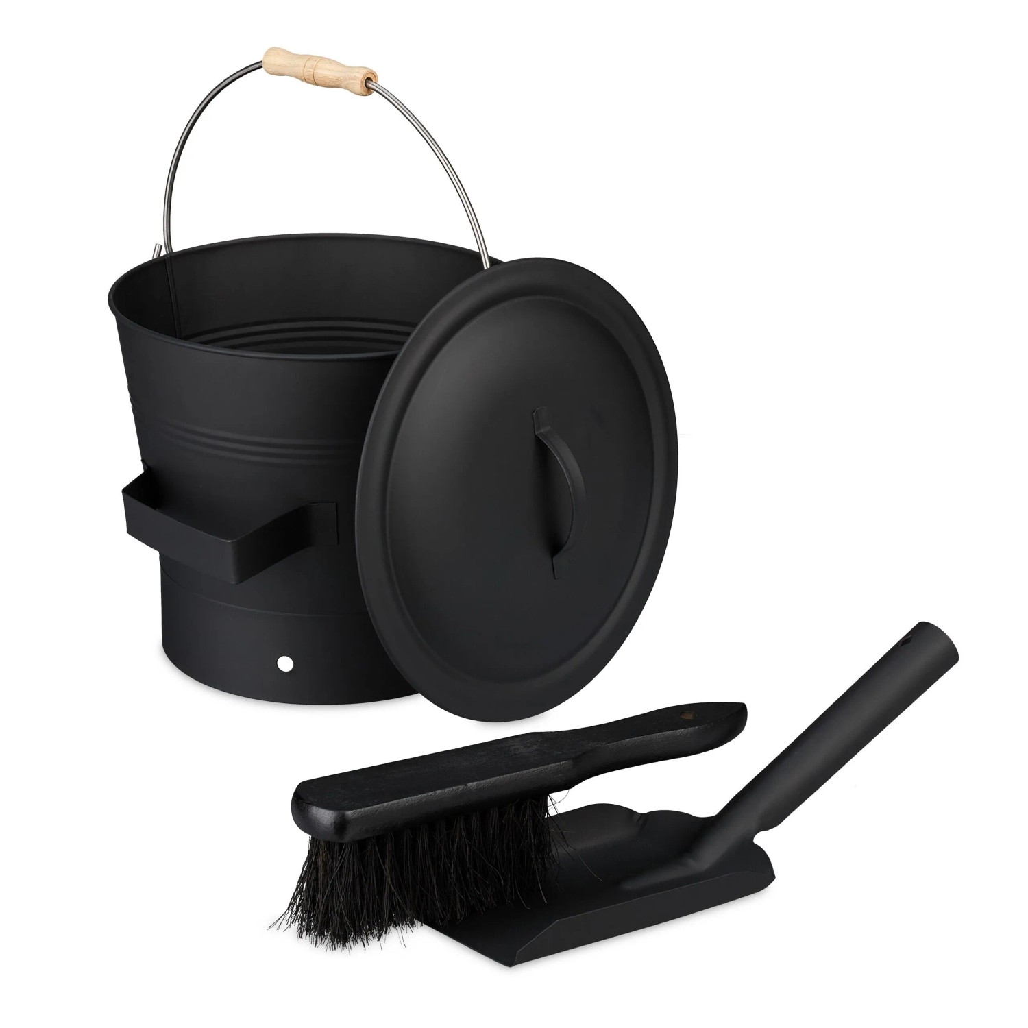 Relaxdays Ascheeimer mit Deckel und Kehrset Eisen Schwarz 26 cm x 32 cm x 33 cm 1,2 kg