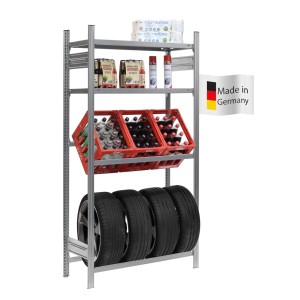 PROREGAL Getränke- & Reifenregal mit 3 Kisten, 4 Reifen und 2 Ablageböden, verzinkt.