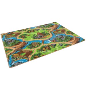 Türkiser Snapstyle Kinder Straßenteppich 80x160cm mit Dino-Motiv.