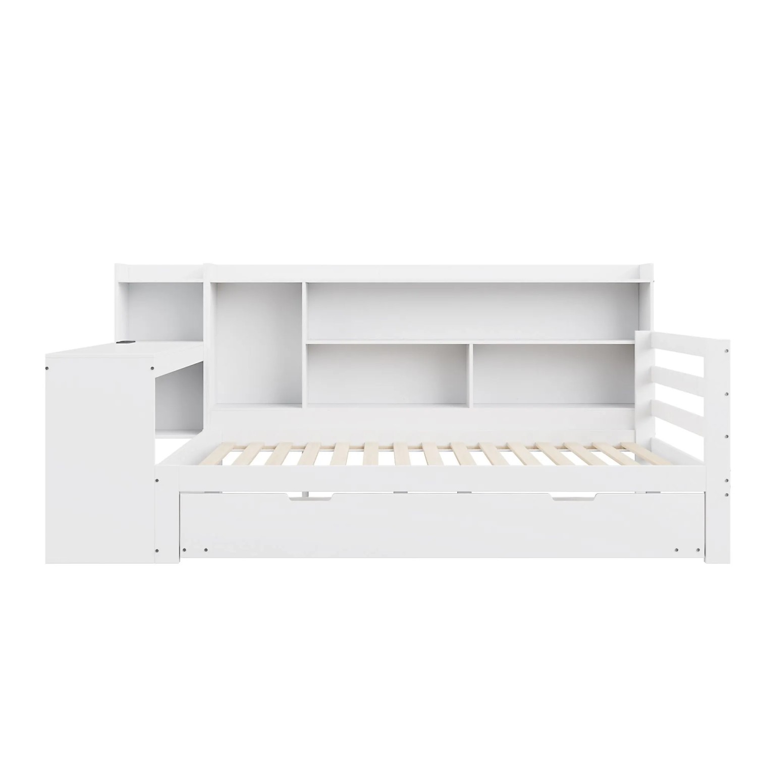 KOMHTOM Schlafsofa 90 x 200 Cm  Mit Schreibtisch  Regalen  Staufächern Und Steckdose  Ausziehbares Bett  Kiefernholz + Mdf  Weiß