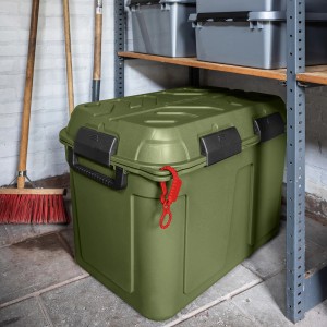 Wasserdichte Q-line Aufbewahrungsbox, 160L, grün-schwarz, mit Deckel und Rollen.