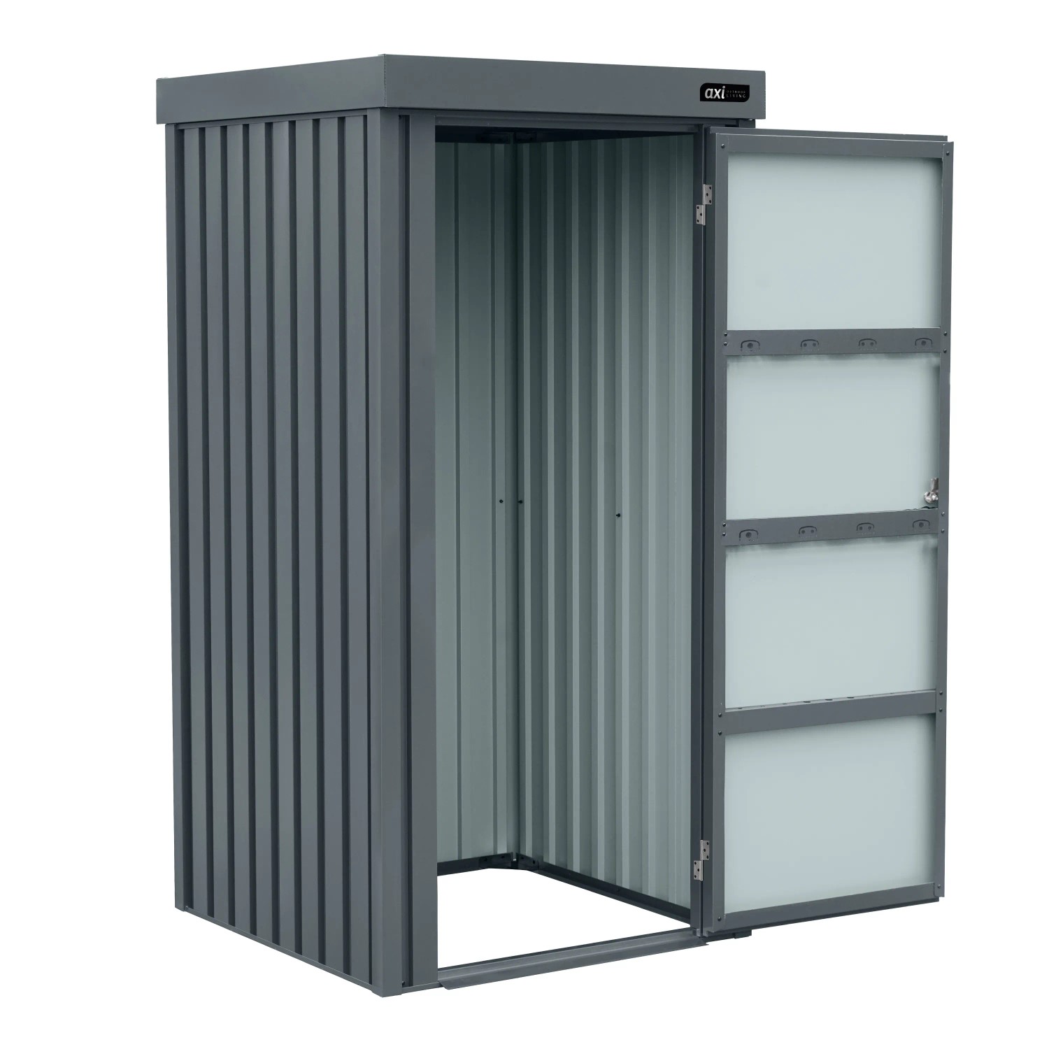 Axi Gartenschrank Hector Premium 1300 l aus Metall, anthrazit, mit offener Tür. Stauraum für Gartengeräte.