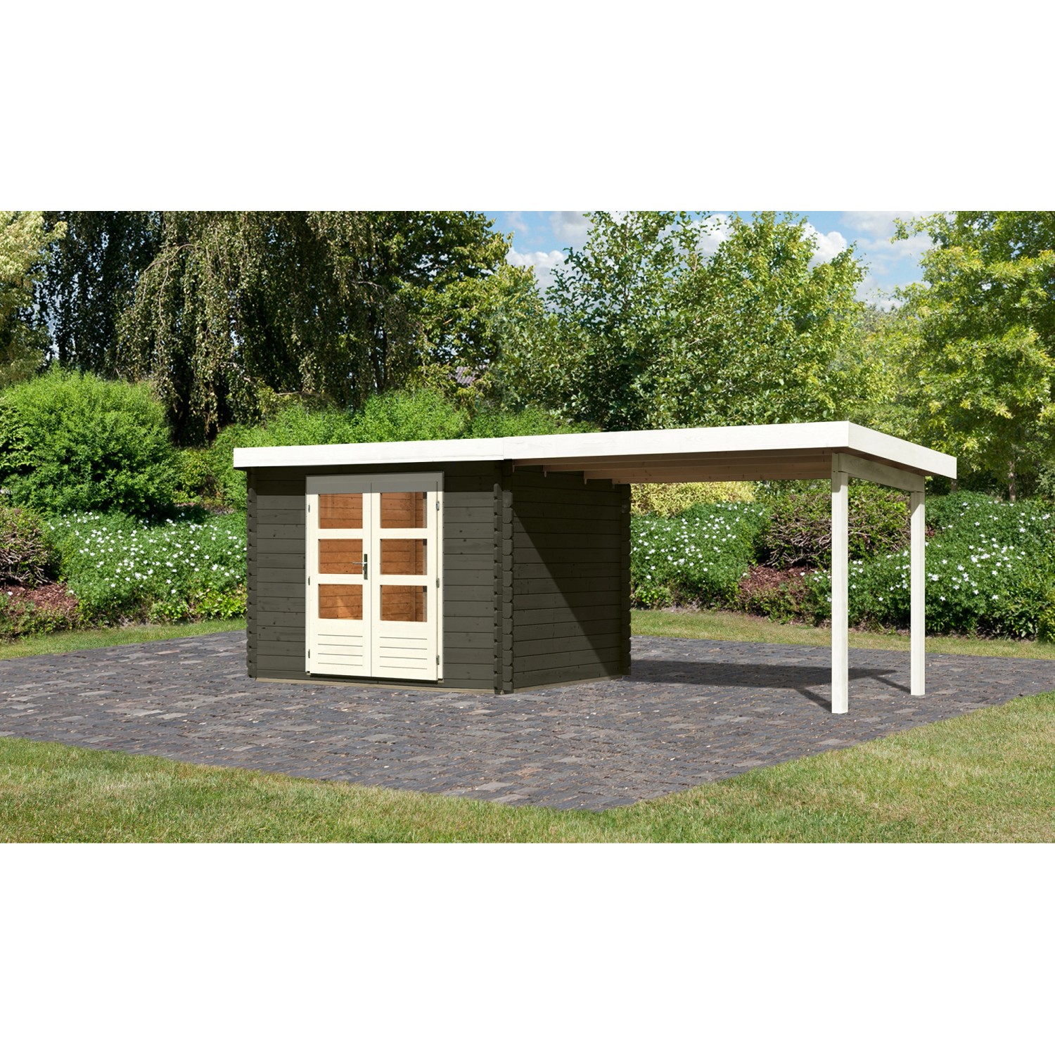 Karibu Gartenhaus Ängelholm 3 Terragrau 579 cm x 237 cm mit Anbaudach günstig online kaufen