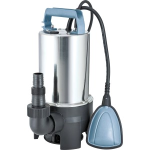 Tauchpumpe 1100 W für Schmutzwasser, Edelstahlgehäuse, mit Schwimmerschalter und Tragegriff.