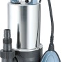 Tauchpumpe 1100 W für Schmutzwasser, Edelstahlgehäuse, mit Schwimmerschalter und Tragegriff.