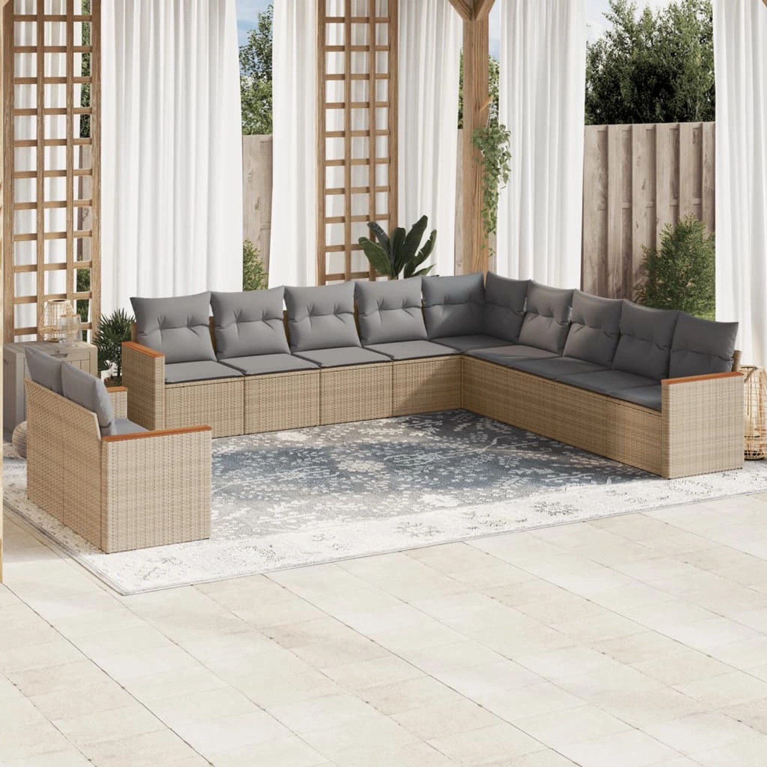 Beige vidaXL Garten-Sofagarnitur aus Rattan mit grauen Kissen, ideal für Terrasse und Garten.