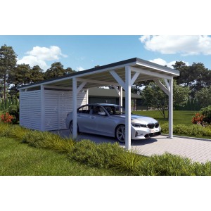 Holzbrüder Carport Ralf mit Geräteraum, reinweiß und dornengrün, mit Auto. Ideal zum Unterstellen und als Stauraum.