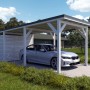 Holzbrüder Carport Ralf mit Geräteraum, reinweiß und dornengrün, mit Auto. Ideal zum Unterstellen und als Stauraum.