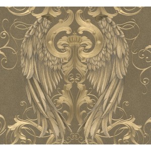 Goldene Glööckler Vliestapete mit Engelsflügeln und Krone für ein luxuriöses Ambiente.