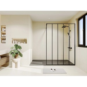 Schwarze Vente-unique Duschwand Atalia II 140 cm im Industrial Stil mit Glaspaneelen in modernem Bad.