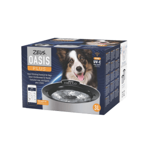 Verpackung des Zeus Smart Trinkbrunnen Oasis Plus Grau 3 l für Hunde mit UV-C, Wi-Fi & App-Steuerung.