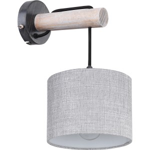 Globo Wandlampe Roger im Vintage-Look mit grauem Textilschirm und Holzapplikation.