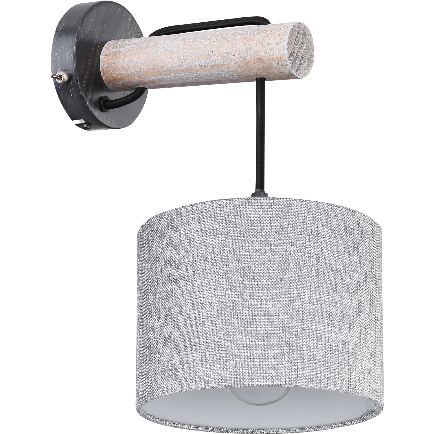 Globo Wandlampe Roger im Vintage-Look mit grauem Textilschirm und Holzapplikation.