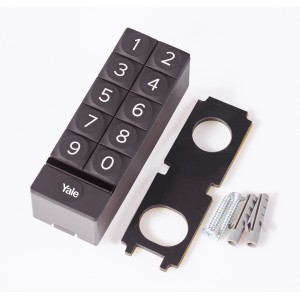 Yale Smart-Tastenfeld Linus in Schwarz mit Montageplatte und Schrauben für Smart Lock.