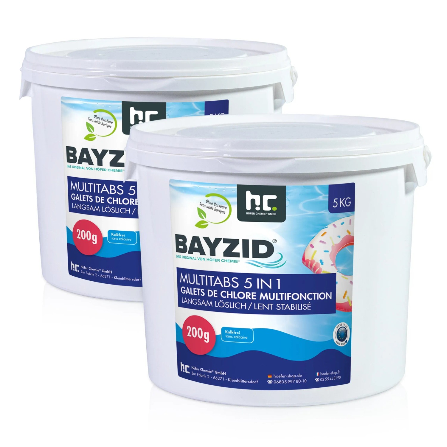 Zwei Eimer Bayzid Multitabs 5in1 Poolpflege, 5kg und 200g, für die Langzeitbehandlung von Pools.