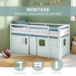 Homestyle4u Kinder Hochbett, 90x200, mit Vorhang in Grün, Lattenrost und Matratze.