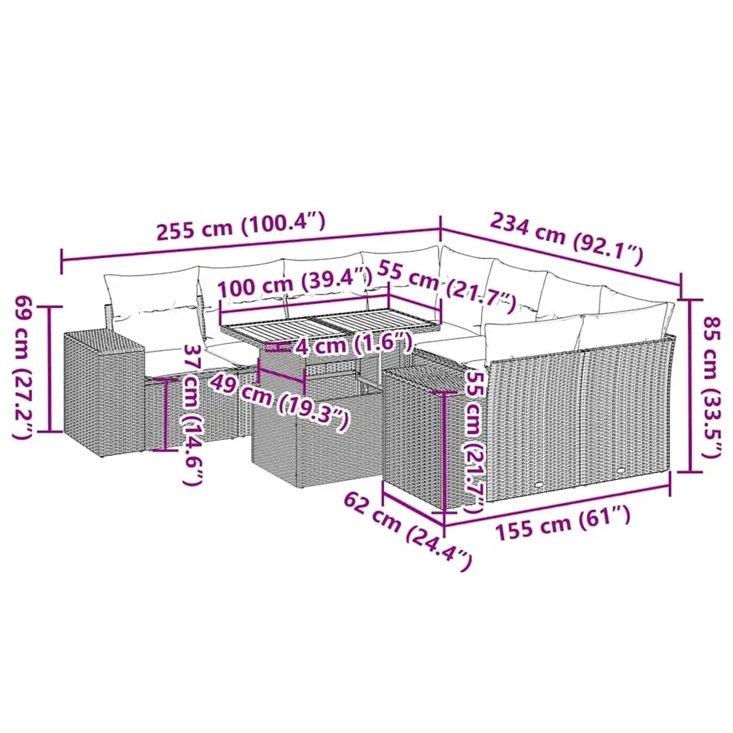 vidaXL 9-tlg. Garten-Sofagarnitur, schwarz, Poly Rattan, mit Maßangaben.