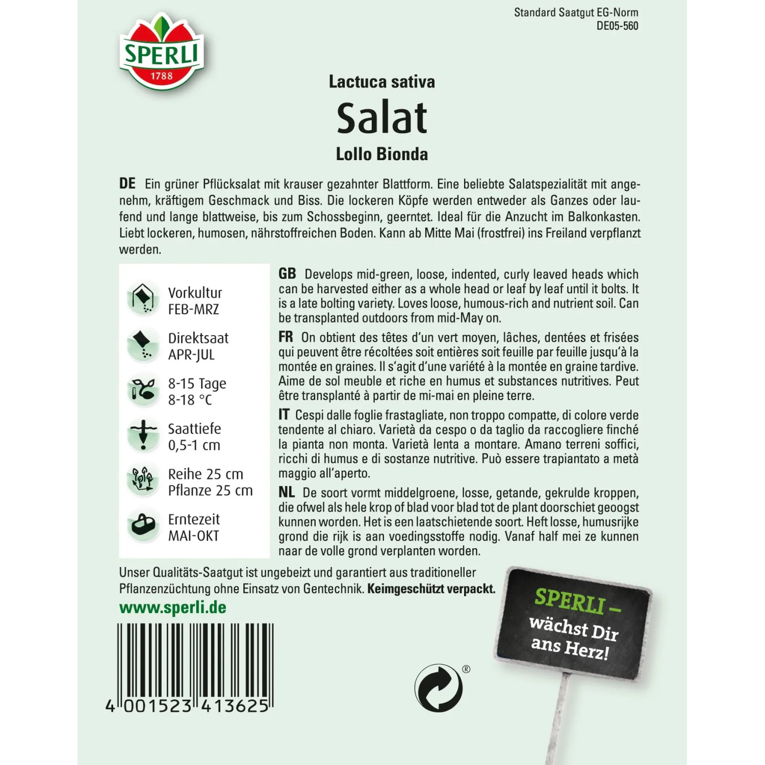 Sperli Pflücksalat Lollo Bionda Samenpackung mit grünem, krausem Salat.