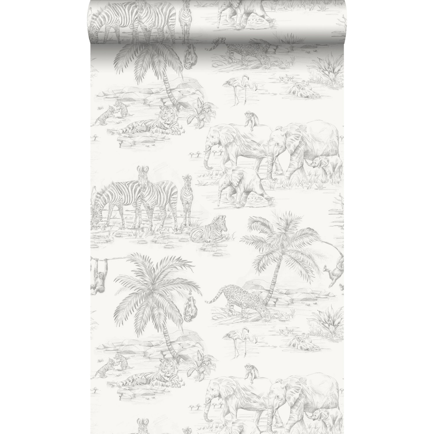 Origin Wallcoverings Tapete Dschungeltiere Weiß und Silbergrau 53 cm x 10.0 günstig online kaufen
