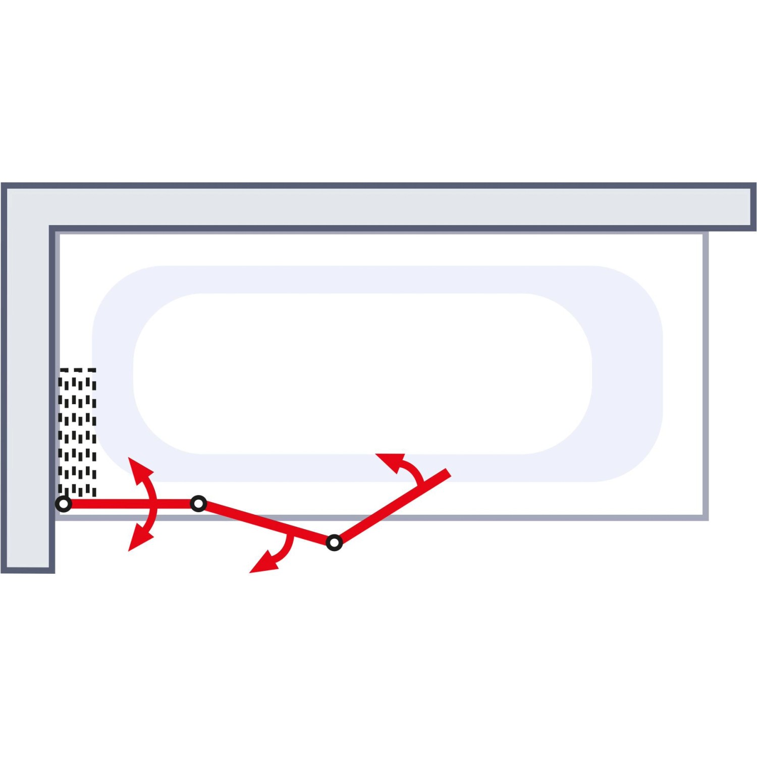 Skizze: Schulte ExpressPlus Badewannenaufsatz Komfort, 3-teilig, Alu-Natur, 140x125cm, schwenkbar.