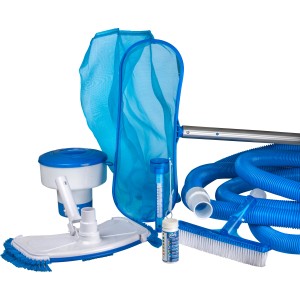 Gre Bodenreinigungsset: Kescher, Bürste, Thermometer, Dosierer, Schlauch und Reinigungsbürste.