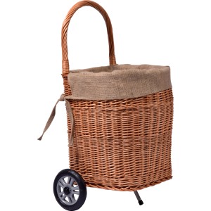 Kaminholzwagen aus Weide mit Rädern und Jute-Auskleidung für Kaminholz Zubehör.
