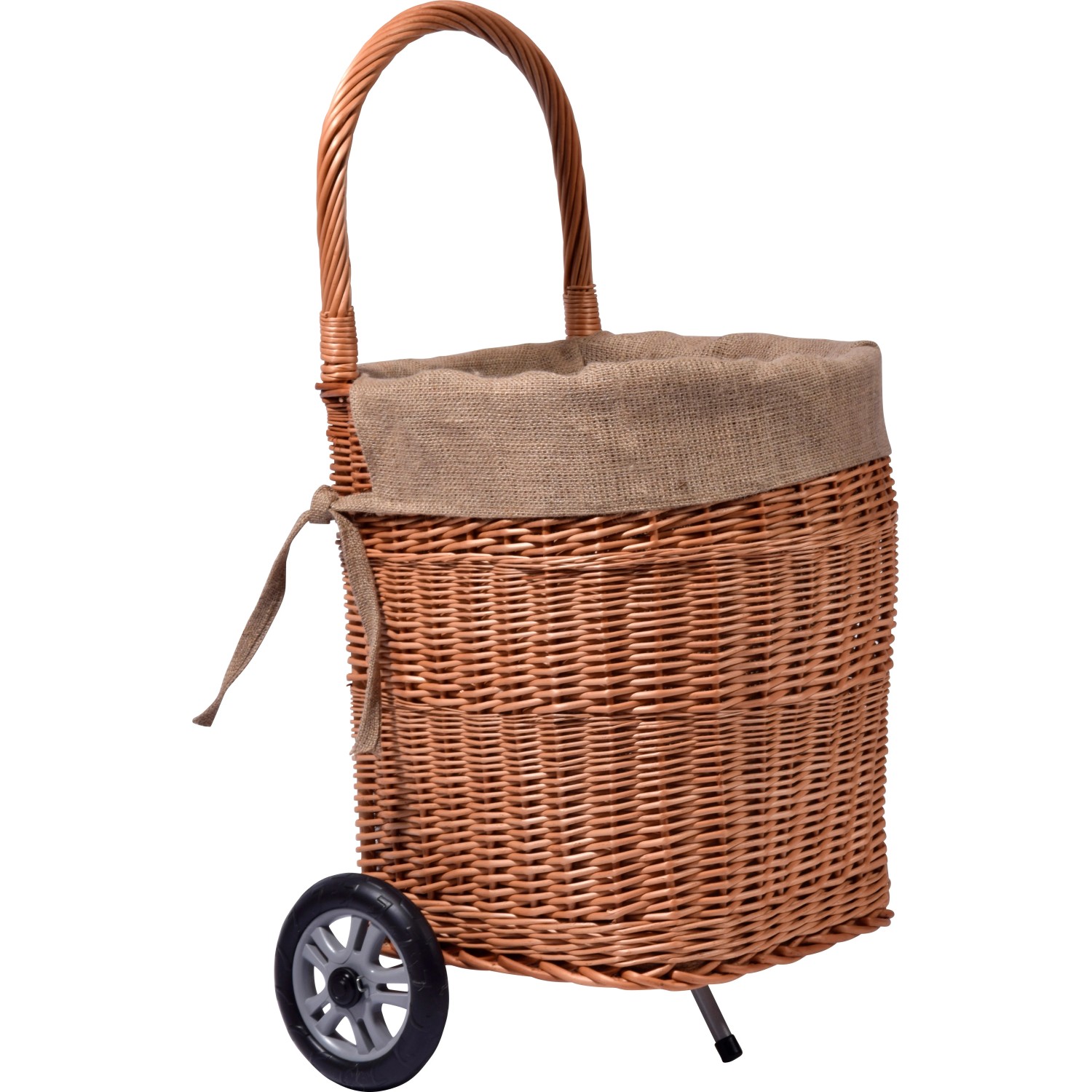 Kaminholzwagen aus Weide mit Rädern und Jute-Auskleidung für Kaminholz Zubehör.