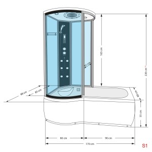 AcquaVapore Duschtempel K55-R31, 100x170 cm, mit Badewanne und Dusche, Maßskizze.