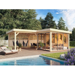 Palmako Pavillon Lenna Set, 588x588 cm, weiß lackiert, mit Schiebetüren und überdachter Fläche.