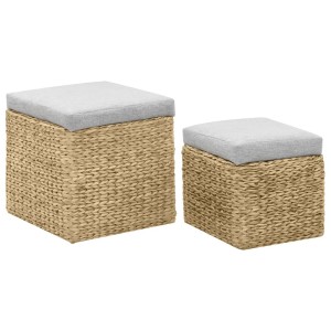 vidaXL Ottoman-Set, 2 Hocker aus Seegras mit grauen Polstern.