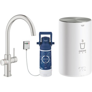 Grohe Red Duo Küchenarmatur Set mit Boiler und Filter in Supersteel Optik.