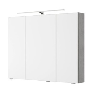 Pelipal Spiegelschrank Serie 4035, hellgrau, 90 cm breit, mit drei Türen und Aufsatzleuchte.