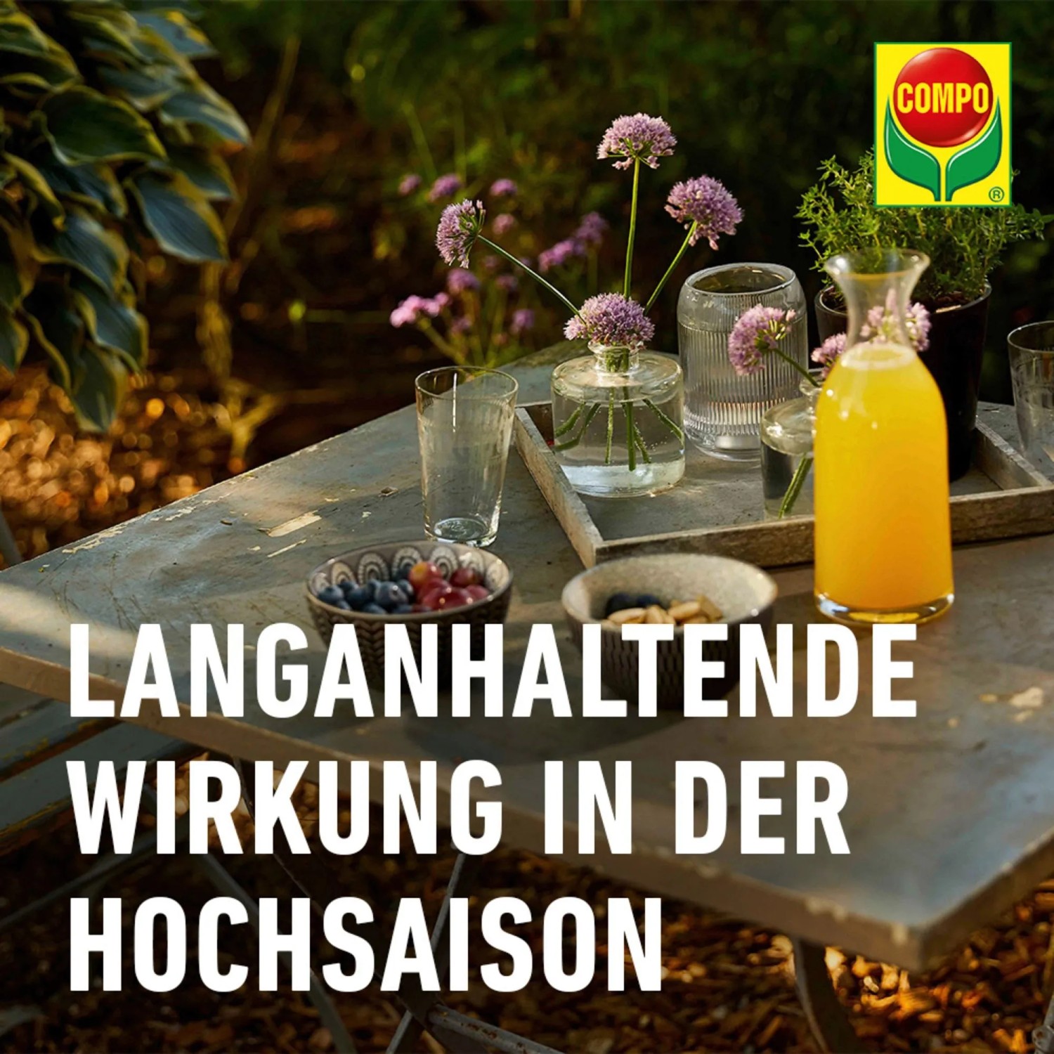 Compo Wespenspray: Gartentisch mit Getränken und Blüten, Text "Langanhaltende Wirkung in der Hochsaison".