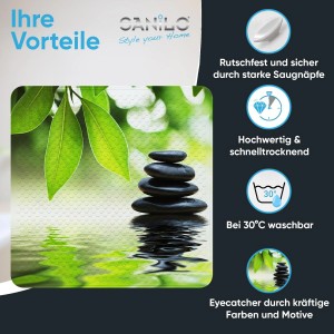Sanilo Badematte Harmony mit Zen-Motiv: Steine, Blätter, Wasser. Rutschfeste Duschmatte für entspanntes Duschen.