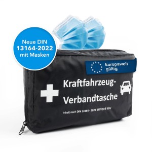 KARAT KFZ-Verbandtasche DIN 13164-2022 mit Masken, Erste-Hilfe-Set für Auto und Motorrad.