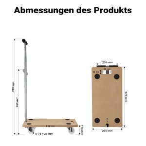 Wiltec Transportroller: Technische Zeichnung mit Maßen 575x290mm, ausziehbarem Griff und Rollen. Möbelroller, Rollbrett.