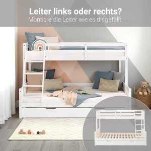 Homestyle4u Etagenbett 90x200 und 140x200 in Weiß mit Lattenrost und Bettkasten 2723