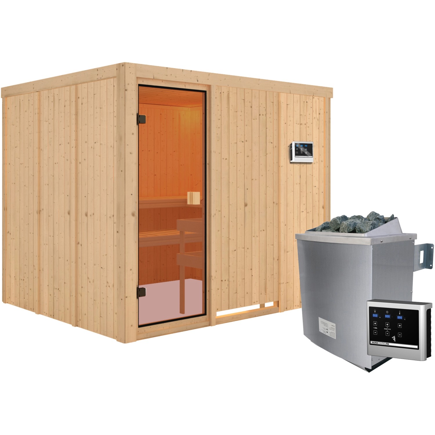 Karibu Sauna Nybro inkl. 9 kW Ofen mit ext. Strg., Glastür Bronziert günstig online kaufen