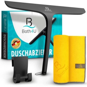 Bath4U Profi Duschabzieher Set mit Silikon, Edelstahl, Mikrofasertuch und Halterung.