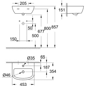 Technische Zeichnung: Grohe Handwaschbecken Bau Keramik 45 cm, Maße und Details für die Installation.