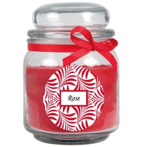 Duftkerze Rose im Glas mit roter Schleife, Ø9cm. Dekorative Kerze für entspannte Atmosphäre.