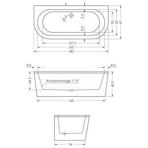 Technische Zeichnung Steinkamp Vorwand-Badewanne 180x80 cm, Maße und Details.