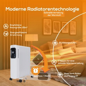 Weißer TroniTechnik Ölradiator TT OR 311 mit 11 Rippen, WiFi und digitalem Display im Wohnraum.