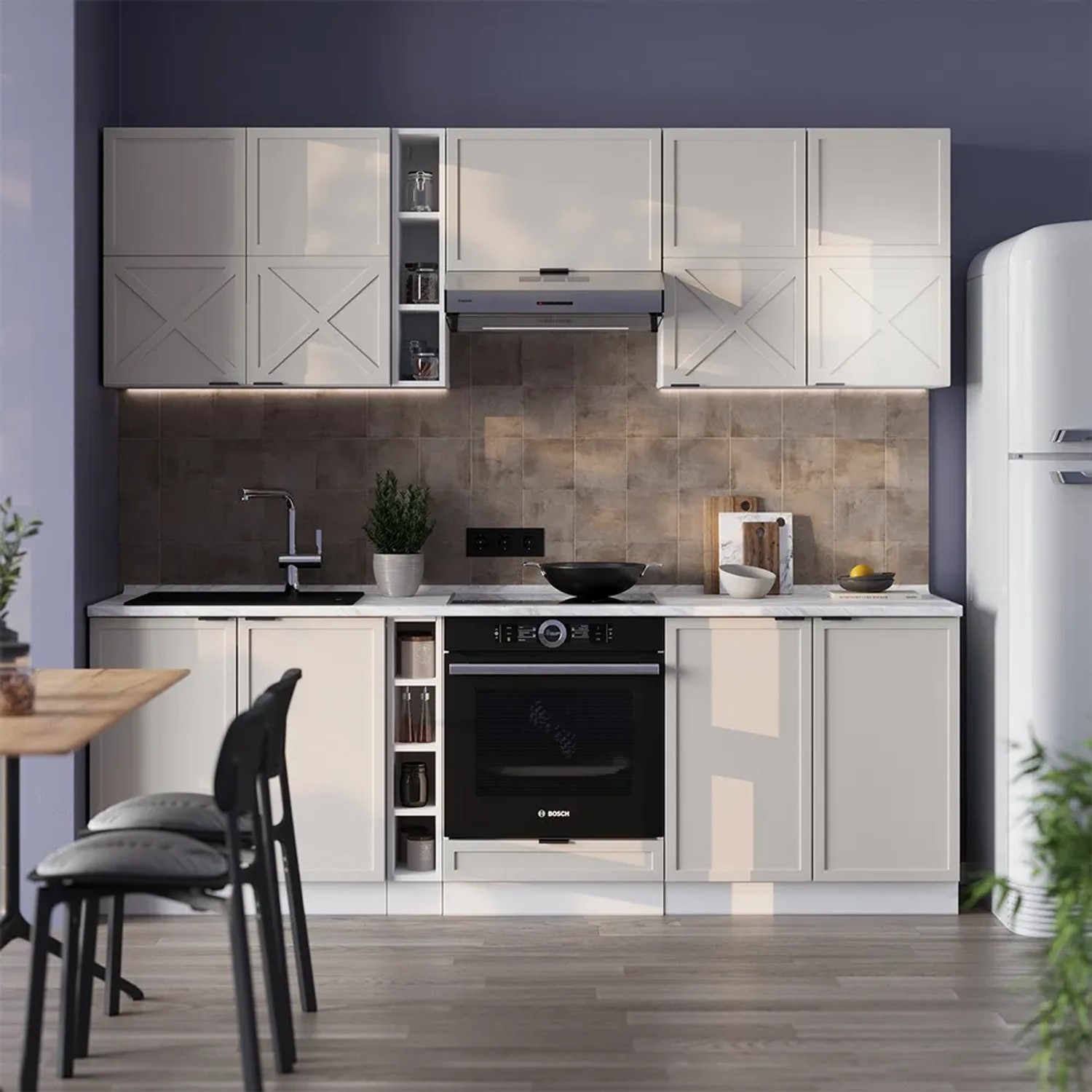 Vicco Fame-Line Küchenzeile in GrauBeige/Weiß, 235 cm breit, ohne Arbeitsplatte.